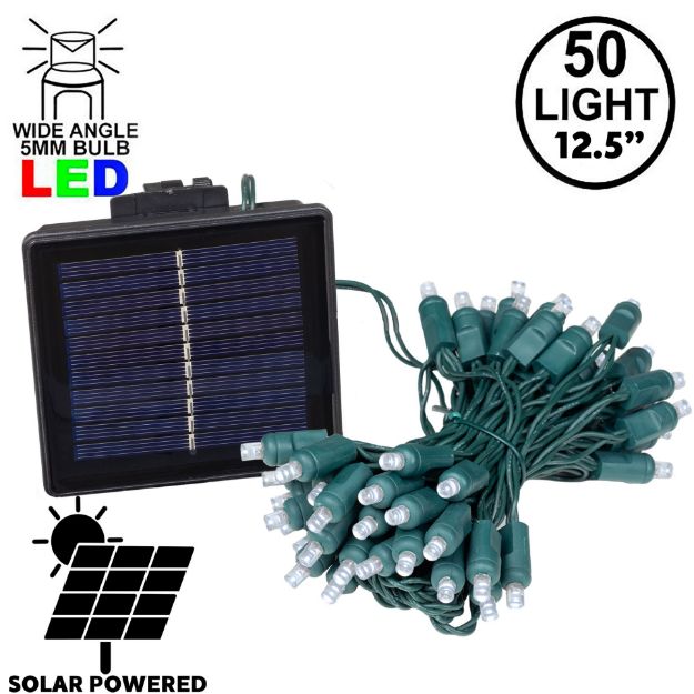 Pure White LED Solar Powered Lights 50 Light String 3" Spacing Green Wire