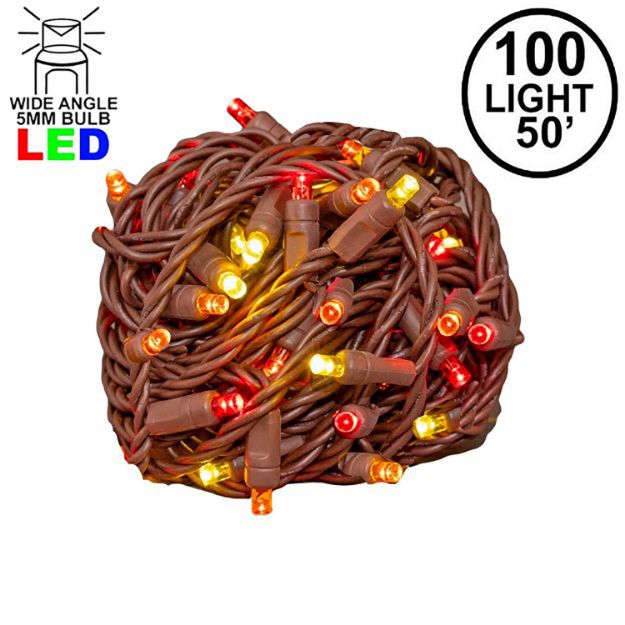 Commercial Grade Wide Angle 100 LED Yellow/Red/Orange 50' Long on Brown Wire