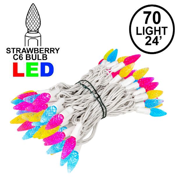Yellow Teal Pink 70 LED C6 Strawberry Mini Lights Commercial Grade on White Wire