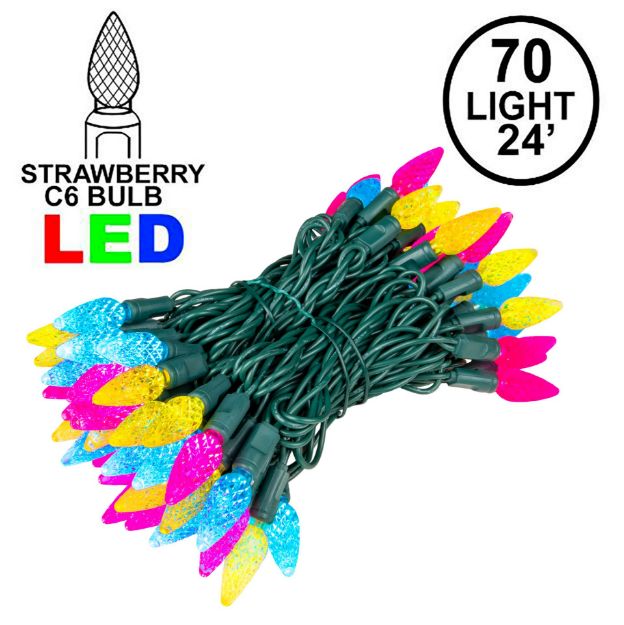 Yellow Teal and Pink 70 LED C6 Strawberry Mini Lights Commercial Grade on Green Wire - copy