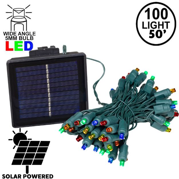 Multi Colored LED Solar Powered Lights 100 Light String 6" Spacing Green Wire