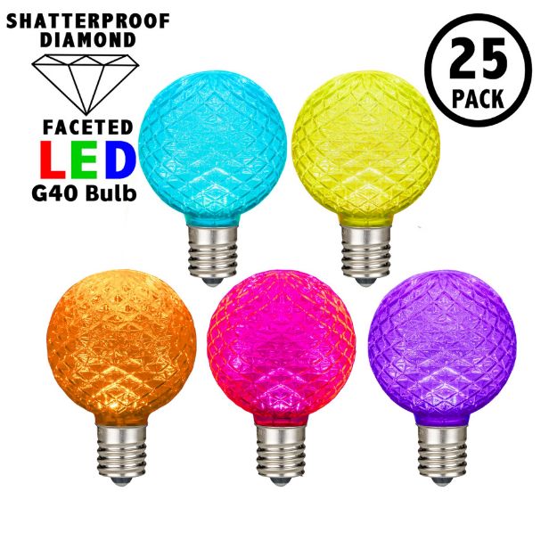 Modern Multi Color Diamond Faceted LED G40 Globe Bulbs - 25pk