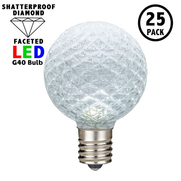 Pure White Diamond Faceted LED G40 Globe Bulbs - 25pk