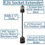 12" Medium Base (E26) Socket Extender (Drop) – Black