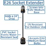 24" Medium Base (E26) Socket Extender (Drop) – Black