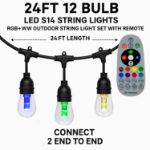 24' RGBWW 12 LED S14 Patio Light String 24" Spacing w/Remote - White Wire
