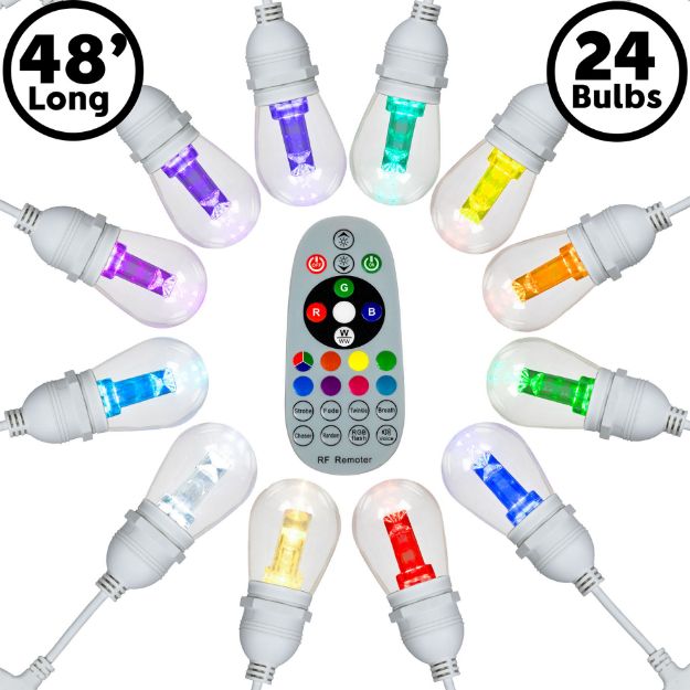 48' RGBWW 24 LED S14 Patio Light String 24" Spacing w/Remote - White Wire