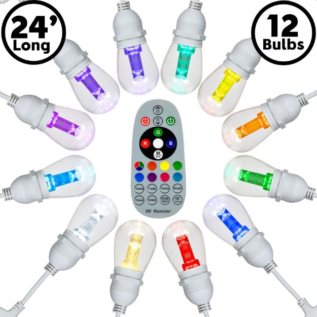 24' RGBWW 12 LED S14 Patio Light String 24" Spacing w/Remote - White Wire