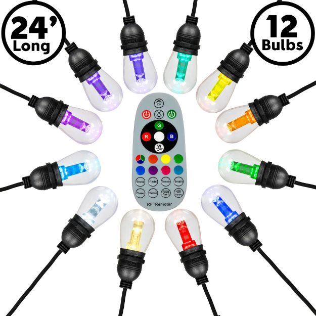 24' RGBWW 12 LED S14 Patio Light String 24" Spacing w/Remote - Black Wire