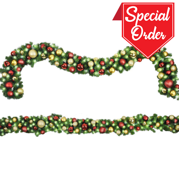 9' Sequoia Garland with Warm White LED Lights and Traditional Themed Ornaments