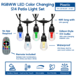 48' RGBWW 24 LED S14 Patio Light String 24" Spacing w/Remote - White Wire