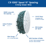 Premium Commercial Grade C9 1000' Spool 15" Spacing 8 Amp Green Wire