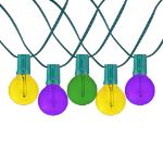 25 LED Filament G40 Globe String Light Set with Transparent Yellow, Purple & Green Bulbs on Green Wire