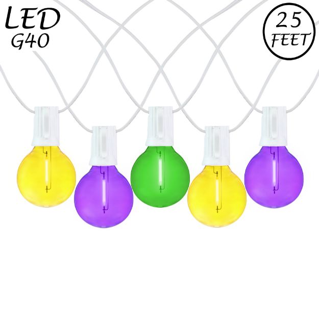 25 LED Filament G40 Globe String Light Set with Transparent Yellow, Purple & Green Bulbs on White Wire