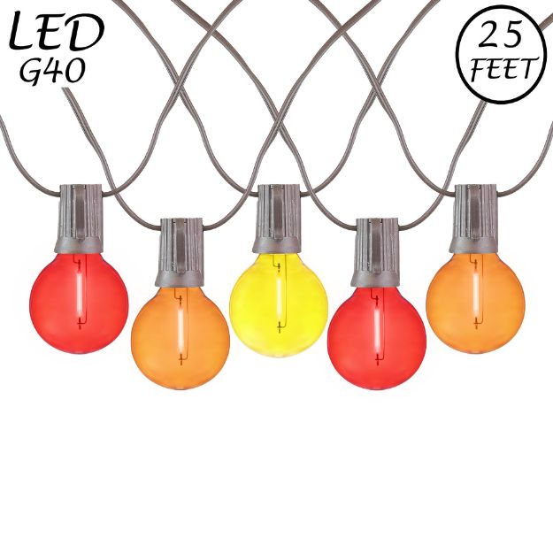 25 LED Filament G40 Globe String Light Set with Transparent Red, Orange & Yellow Bulbs on Brown Wire