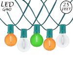 25 LED Filament G40 Globe String Light Set with Transparent Orange, Green & White Bulbs on Green Wire