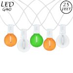 25 LED Filament G40 Globe String Light Set with Transparent Orange, Green & White Bulbs on White Wire