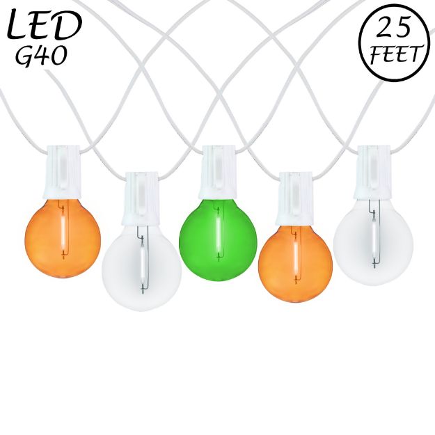 25 LED Filament G40 Globe String Light Set with Transparent Orange, Green & White Bulbs on White Wire