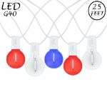 25 LED Filament G40 Globe String Light Set with Transparent Red, White & Blue Bulbs on White Wire