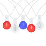25 LED Filament G40 Globe String Light Set with Transparent Red, White & Blue Bulbs on White Wire