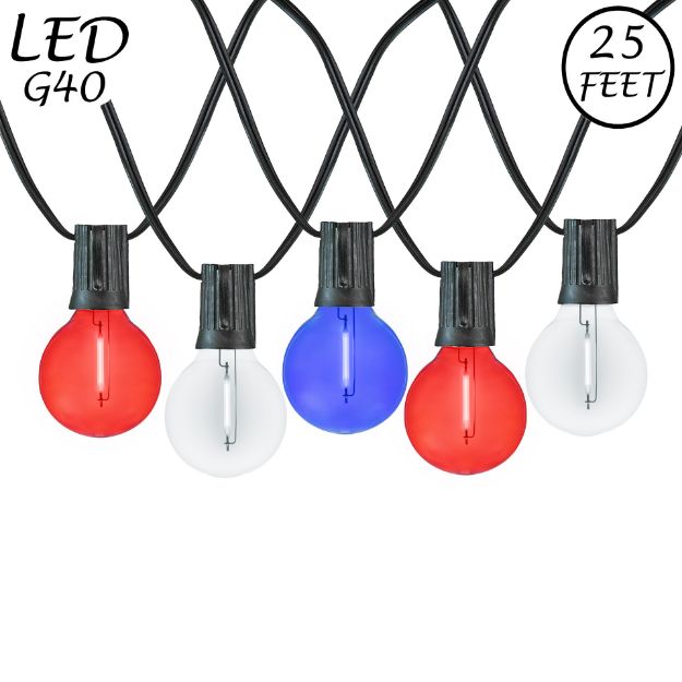 25 LED Filament G40 Globe String Light Set with Transparent Red, White & Blue Bulbs on Black Wire