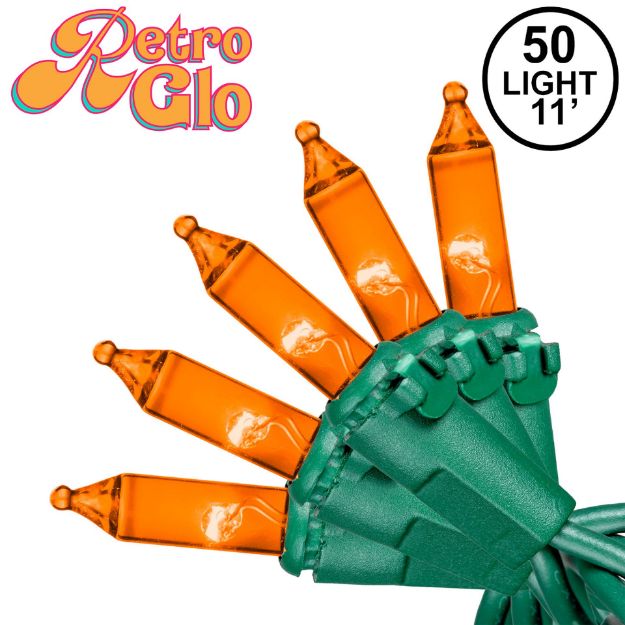 RetroGlo® Orange Mini Lights 50 Light on Green Wire 11 Feet Long