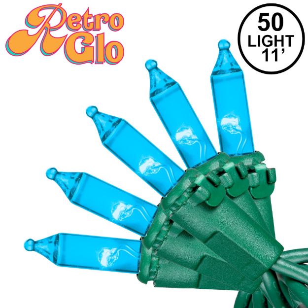 RetroGlo® Teal Mini Lights 50 Light on Green Wire 11 Feet Long