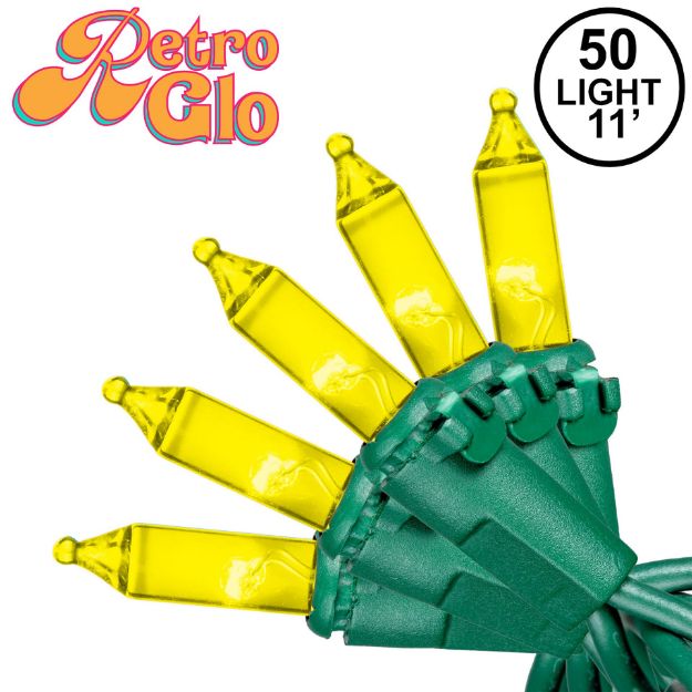 RetroGlo® Yellow Mini Lights 50 Light on Green Wire 11 Feet Long