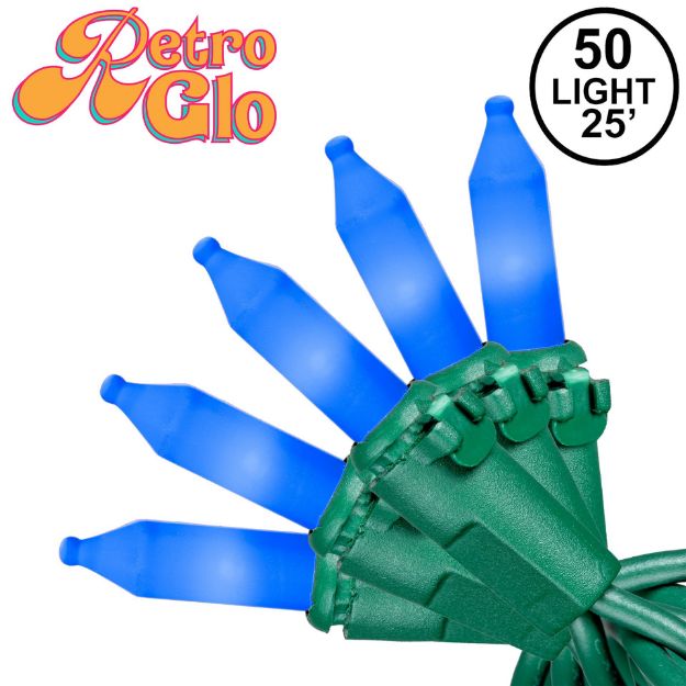 RetroGlo® Blue Ceramic Mini Lights 50 Light on Green Wire 25 Feet Long