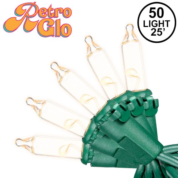 RetroGlo® Clear Mini Lights 50 Light on Green Wire 25 Feet Long