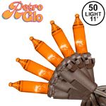 RetroGlo® Orange Mini Lights 50 Light on Brown Wire 11 Feet Long