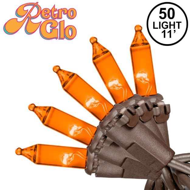 RetroGlo® Orange Mini Lights 50 Light on Brown Wire 11 Feet Long