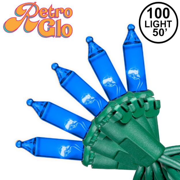 RetroGlo® Blue Mini Lights 100 Light on Green Wire 50 Feet Long