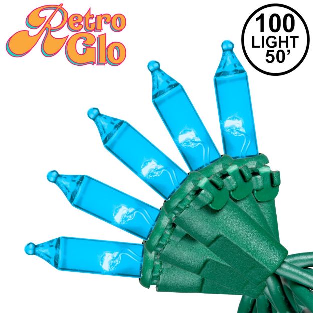 RetroGlo® Teal Mini Lights 100 Light on Green Wire 50 Feet Long