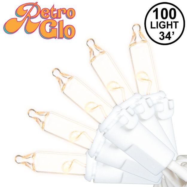 RetroGlo® Clear Mini Lights 100 Light on White Wire 34 Feet Long