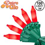 RetroGlo® Red Ceramic Mini Lights 100 Light on Green Wire 34 Feet Long
