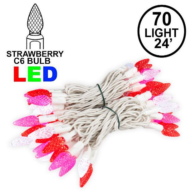 Red/Pink/Pure White 70 LED C6 Strawberry Mini Lights Commercial Grade on White Wire