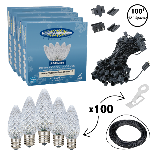 C9 Decorate Like a Pro® Kit - 100' LED Diamond Faceted Pure White Black Wire w/12" Bulb Spacing