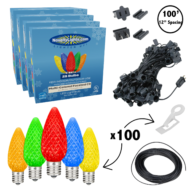C9 Decorate Like a Pro® Kit - 100' LED Diamond Faceted Multi Color Black Wire w/12" Bulb Spacing