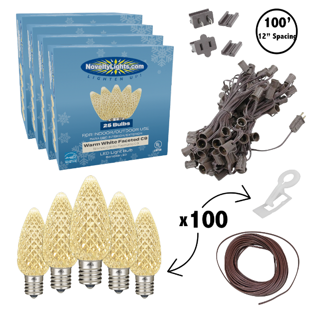 C9 Decorate Like a Pro® Kit - 100' LED Diamond Faceted Warm White Brown Wire w/12" Bulb Spacing