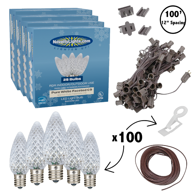 C9 Decorate Like a Pro® Kit - 100' LED Diamond Faceted Pure White Brown Wire w/12" Bulb Spacing