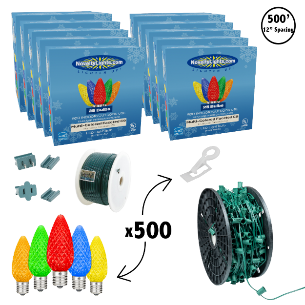 C9 Decorate Like a Pro® Kit - 500' LED Diamond Faceted Multi Color Green Wire w/12" Bulb Spacing