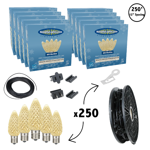 C9 Decorate Like a Pro® Kit - 250' LED Diamond Faceted Warm White Black Wire w/12" Bulb Spacing