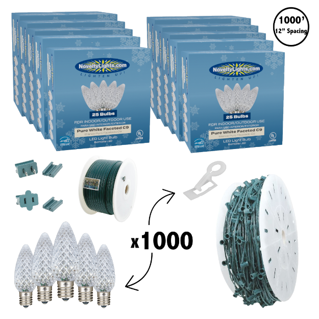 C9 Decorate Like a Pro® Kit - 1000' LED Diamond Faceted Pure White Green Wire w/12" Bulb Spacing