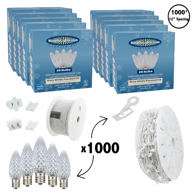 C9 Decorate Like a Pro® Kit - 1000' LED Diamond Faceted Pure White White Wire w/12" Bulb Spacing