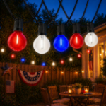25 LED Filament G40 Globe String Light Set with Transparent Red, White & Blue Bulbs on Black Wire